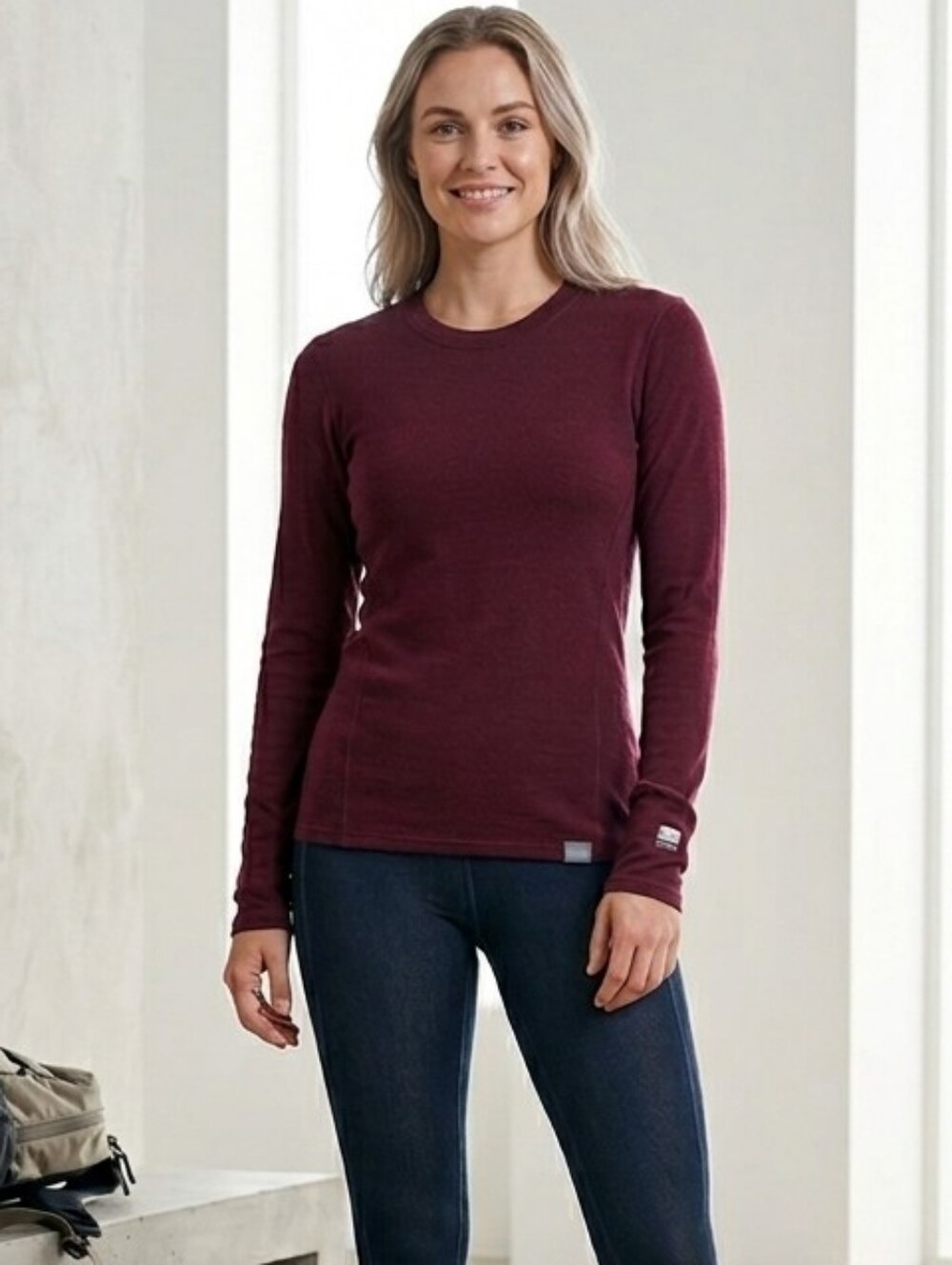 Wool Long Sleeve Crewneck Top in Deep Burgundy
